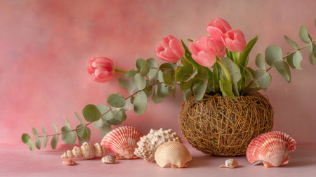 A stunning and elegant display of pink tulips in a natural basket surrounded by seashells on a soft pink background, perfect for enhancing any interior decor style.の素材