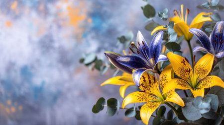 A stunning arrangement of vibrant yellow and purple lilies complemented by eucalyptus leaves, set against a soft textured background, evoking elegance and beauty.の素材