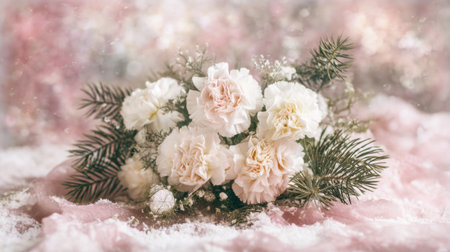A captivating floral arrangement featuring soft pink carnations and lush greenery, set against a blurred pastel backdrop, perfect for capturing the essence of spring.の素材