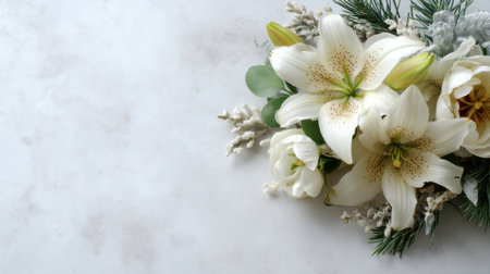 A stunning arrangement of delicate white lilies and greenery on a soft marble surface, evoking a sense of elegance and tranquility, ideal for events or decor.の素材