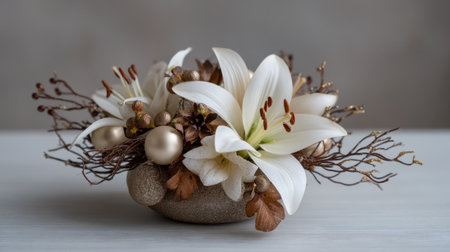 Beautifully arranged white lilies paired with decorative elements create an elegant floral centerpiece. The soft neutral background accentuates the natural beauty and sophistication.の素材
