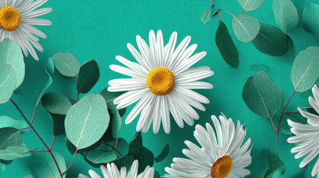 A captivating arrangement of bright white daisies and lush green eucalyptus leaves on a stunning turquoise background, creating a refreshing and cheerful scene.の素材