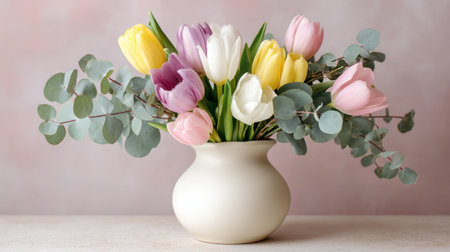 This elegant floral arrangement features vibrant tulips and eucalyptus in a sleek vase, perfect for spring decoration or as a thoughtful gift to brighten any space.の素材