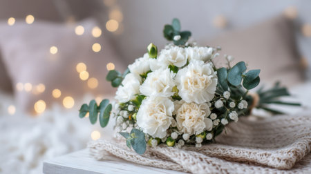 A beautiful arrangement of white carnations and eucalyptus creates an elegant bouquet, perfect for romantic settings. Soft lights and textiles enhance the cozy atmosphere.の素材