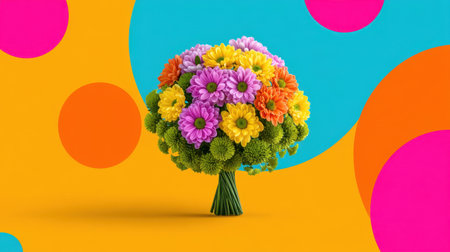 A stunning bouquet filled with vibrant flowers set against a bright, abstract background. This imagery brings cheerful energy and delightful aesthetics to any project.の素材