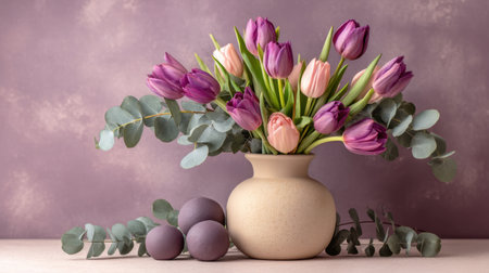 A stunning floral arrangement featuring vibrant tulips in pink and purple hues, combined with eucalyptus, perfect for spring decor, celebrations, or gifting.の素材