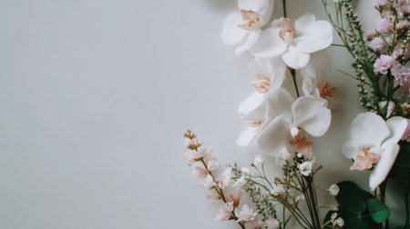 This image features an elegant arrangement of white orchids and delicate pink flowers, set against a soft, neutral background, ideal for floral inspiration and decor.の素材