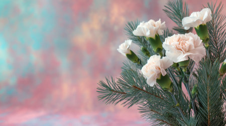 A beautiful arrangement of delicate white carnations and evergreen twigs set against a soft, pastel background. This image evokes elegance and tranquility, perfect for floral decor.の素材