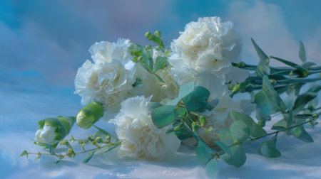 A beautiful arrangement of white carnations and eucalyptus leaves sits softly against a blue background. The gentle light creates a serene atmosphere perfect for any decor.の素材