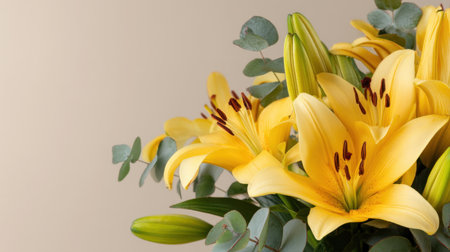 A stunning arrangement of vibrant yellow lilies accented with eucalyptus, set against a soft beige background, perfect for nature-themed decor or floral inspiration.の素材