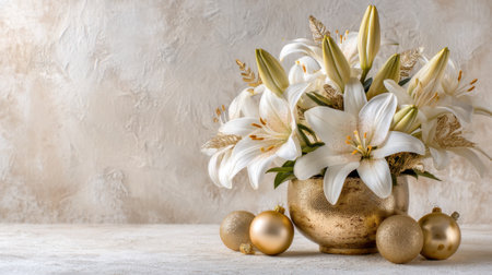 A stunning arrangement of white lilies in a golden bowl, accompanied by decorative ornaments, perfect for enhancing festive atmospheres and elegant celebrations.の素材
