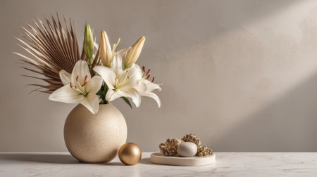 Discover an elegant floral arrangement featuring white lilies in a stylish vase, paired with decorative objects, creating a serene and inviting atmosphere in modern spaces.の素材