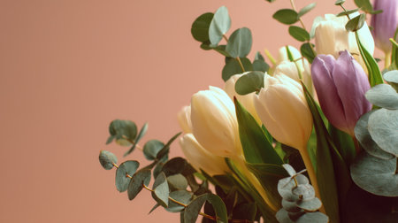 A stunning floral arrangement showcasing white and purple tulips with lush greenery, set against a soft pink background, perfect for celebrating beauty and elegance.の素材