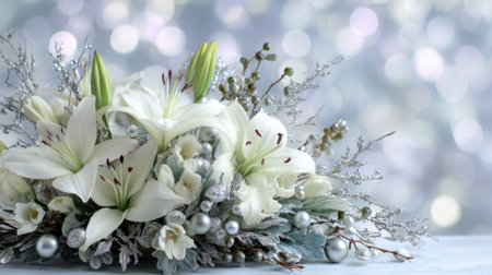 This stunning floral arrangement features white lilies adorned with silver decorations against a soft bokeh background, perfect for holiday celebrations and events.の素材