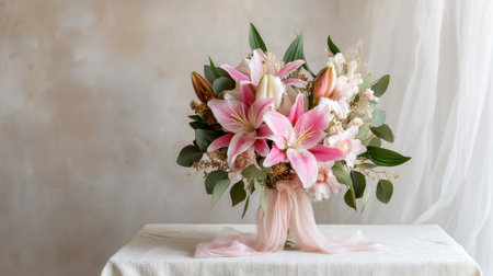 A stunning bouquet showcasing vibrant pink lilies and lush greenery, set on a light surface with flowing fabric, creating a serene and elegant atmosphere perfect for events.の素材