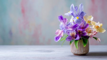 A vibrant flower arrangement featuring irises and orchids, elegantly positioned in a textured vase. The soft pastel background enhances the beauty and charm of this display.の素材