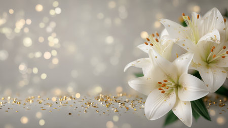 Beautiful white lilies arranged elegantly against a soft bokeh background, enhanced with shimmering gold glitter, perfect for creating a serene and inviting atmosphere.の素材