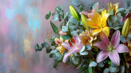 A stunning floral arrangement features yellow and pink lilies intertwined with fresh eucalyptus, set against a soft, colorful background, perfect for decor.の素材