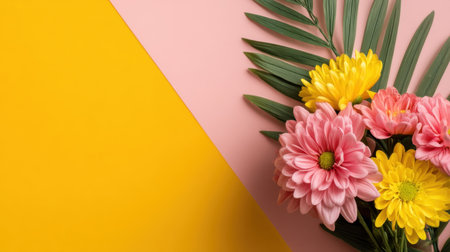 A stunning bouquet of pink and yellow flowers accompanied by lush green foliage showcases vibrant colors on a split background of yellow and pink. Perfect for decor.の素材