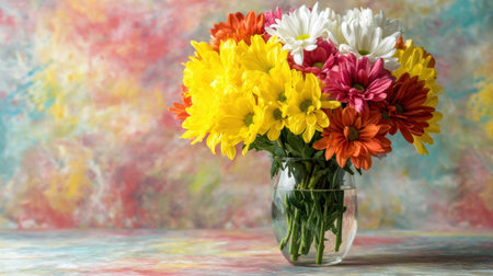 A stunning flower bouquet featuring yellow, pink, and orange daisies arranged elegantly in a clear glass vase. The vibrant background enhances the cheerful atmosphere ideal for spring.の素材