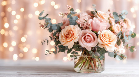 This beautiful arrangement features soft pink roses and lush greenery in a glass vase, set against a warm bokeh backdrop, ideal for romantic settings and events.の素材