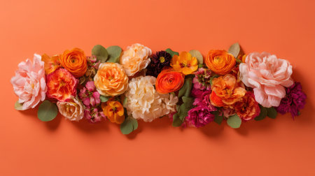 A stunning floral arrangement featuring an assortment of vibrant flowers on a bold orange background, perfect for artistic projects, wall decor, and seasonal celebrations.の素材