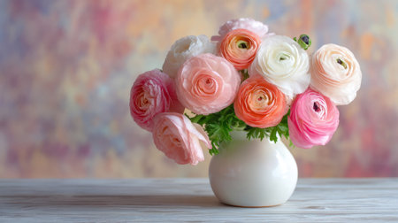 A charming bouquet of ranunculus flowers in soft pastel shades sits in a white vase, creating a serene centerpiece that adds beauty to any space or occasion.の素材