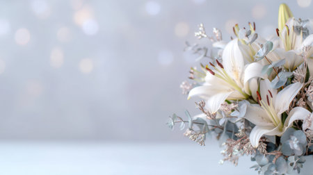 This stunning floral arrangement features elegant white lilies and eucalyptus, set against a soft bokeh background, perfect for celebrations and special occasions.の素材
