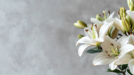 This beautiful image features elegant white lilies with a soft grey background, perfect for floral design, home decor inspiration, and nature lovers looking for tranquility.の素材