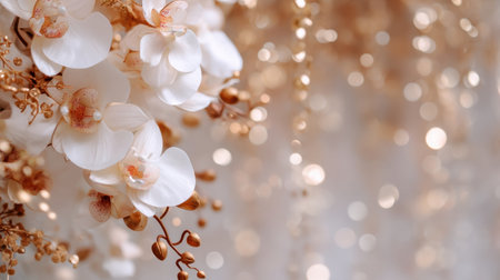 A stunning composition featuring white orchids and golden accents, beautifully contrasting with a soft, shimmering bokeh backdrop, perfect for design projects.の素材