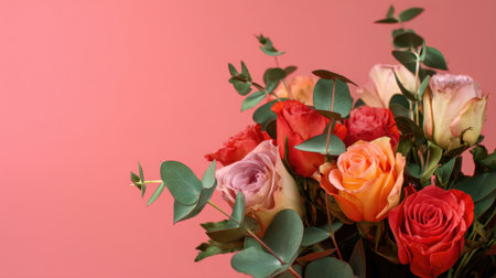 A stunning floral arrangement featuring an assortment of fresh roses in various colors paired with eucalyptus leaves, set against a soft pink backdrop for a cheerful vibe.の素材
