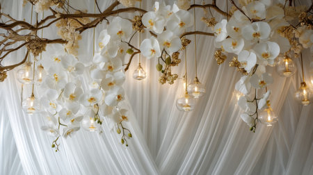 A stunning arrangement features elegant white orchids and glowing glass lanterns, set against a backdrop of soft flowing fabric, perfect for enhancing event ambiance.の素材