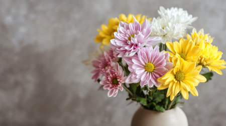 A captivating display of fresh daisies in pink, yellow, and white hues, arranged in a neutral vase. Perfect for home decoration, events, or as a gift.の素材
