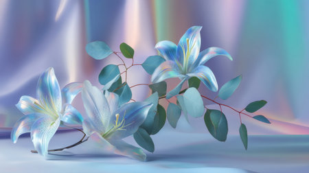A stunning composition featuring soft blue lilies alongside pastel leaves, set against a shimmering background, ideal for artistic projects seeking a tranquil ambiance.の素材