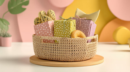 A beautifully arranged gift basket showcasing a variety of delicious treats and colorful presents, perfect for celebrations and enhancing any festive occasion.の素材