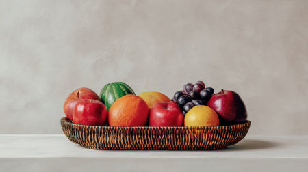A beautiful arrangement of fresh fruits in a woven basket, artistically set against a soft, neutral backdrop, showcasing vibrant colors and natural textures.の素材