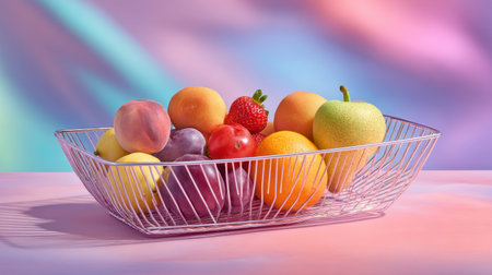 A vibrant and colorful assortment of fresh fruits displayed in a modern wire basket highlights the beauty of healthy eating against a soft abstract background.の素材