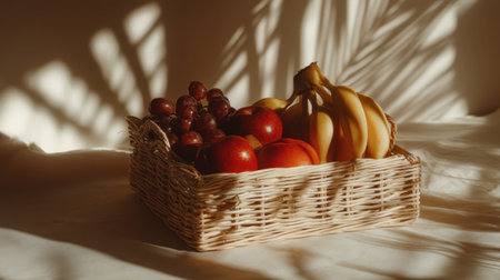 A captivating arrangement of fresh fruits in a woven basket showcases vibrant colors and textures under soft natural light, perfect for promoting healthy eating and home decor.の素材