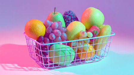 A vibrant fruit basket filled with various fresh fruits, artistically lit with colorful lighting, ideal for healthy lifestyle promotions and modern food photography.の素材