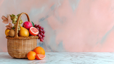 This image features a beautiful basket filled with fresh fruit including citrus, grapes, and melon, set against a textured pink background, ideal for healthy living themes.の素材
