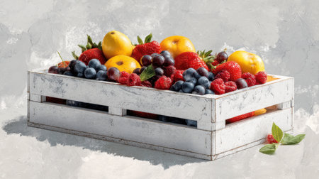 Vibrant collection of juicy fruits in a rustic wooden crate, featuring raspberries, blueberries, lemons, and apples, perfect for summer and autumn themes.の素材