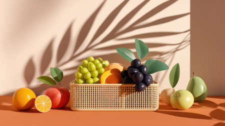 This captivating image showcases a stylish arrangement of fresh fruits in a modern basket, set against a warm backdrop, highlighting beautiful shadows and leaves.の素材
