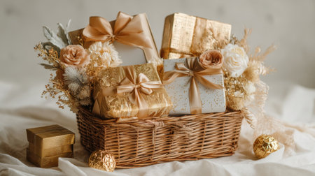 This image features an elegant arrangement of beautifully wrapped gifts in a woven basket, accompanied by soft flowers, embodying a warm festive atmosphere perfect for celebrations.の素材