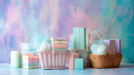 A delightful arrangement of pastel gift boxes in woven baskets alongside candles, perfect for creating a serene and stylish atmosphere for any festive occasion.の素材