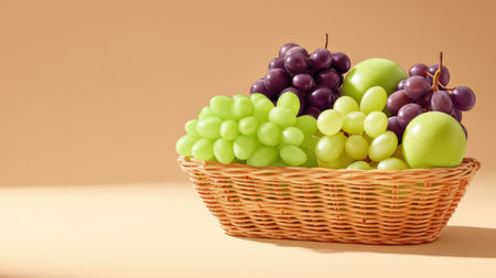 A beautifully arranged basket filled with green and purple grapes alongside fresh apples against a warm background, promoting healthy eating and vibrant culinary creativity.の素材