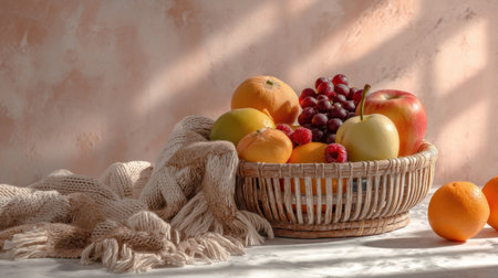 A charming display of assorted fresh fruits in a woven basket, accentuated by soft textiles and gentle light, creating a warm and inviting atmosphere.の素材