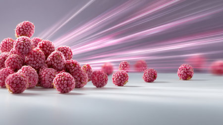 Vibrant fresh raspberries are displayed against a modern background, enhanced with dynamic light effects, making this image ideal for promoting healthy eating and gourmet trends.の素材
