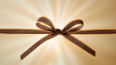 A beautiful brown ribbon bow prominently displayed against a soft textured background, perfect for enhancing gifts and decorations for various special occasions.の素材