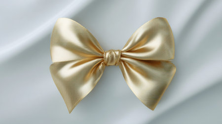 A beautiful gold satin bow rests on soft white fabric, creating an elegant contrast. Perfect for decorating gifts, events, or adding a luxurious touch to any occasion.の素材
