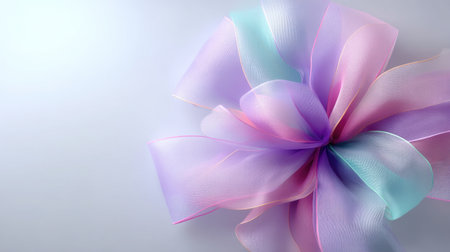 A soft, ethereal ribbon bow in pastel shades of pink, purple, and blue rests on a subtle background, perfect for adding elegance to any celebration or decorative project.の素材